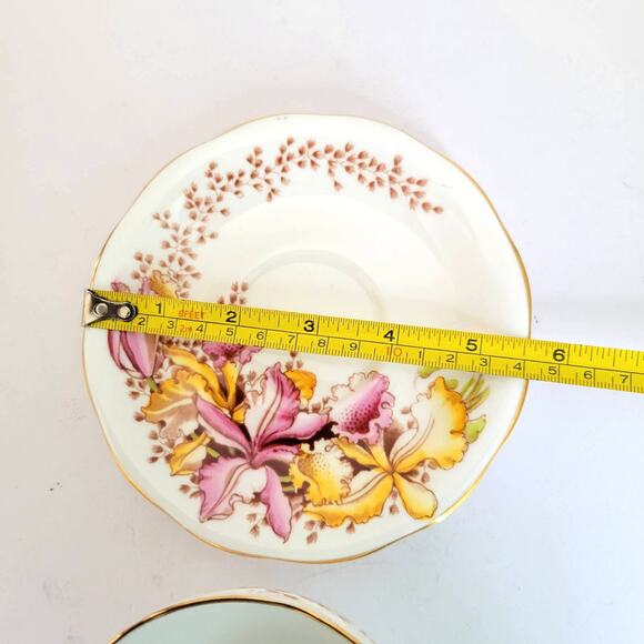 Vintage Queen Ann Teacup Saucer Orchids Pink Yellow Bone China Cottagecore - Picture 9 of 10